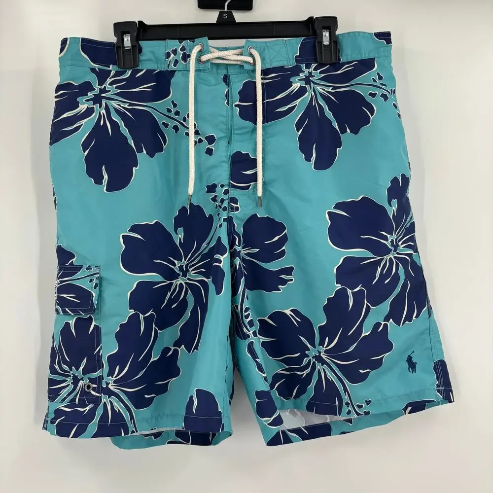 Polo Ralph Lauren Mens XL Blue Drawstring Floral Pattern Board Shorts